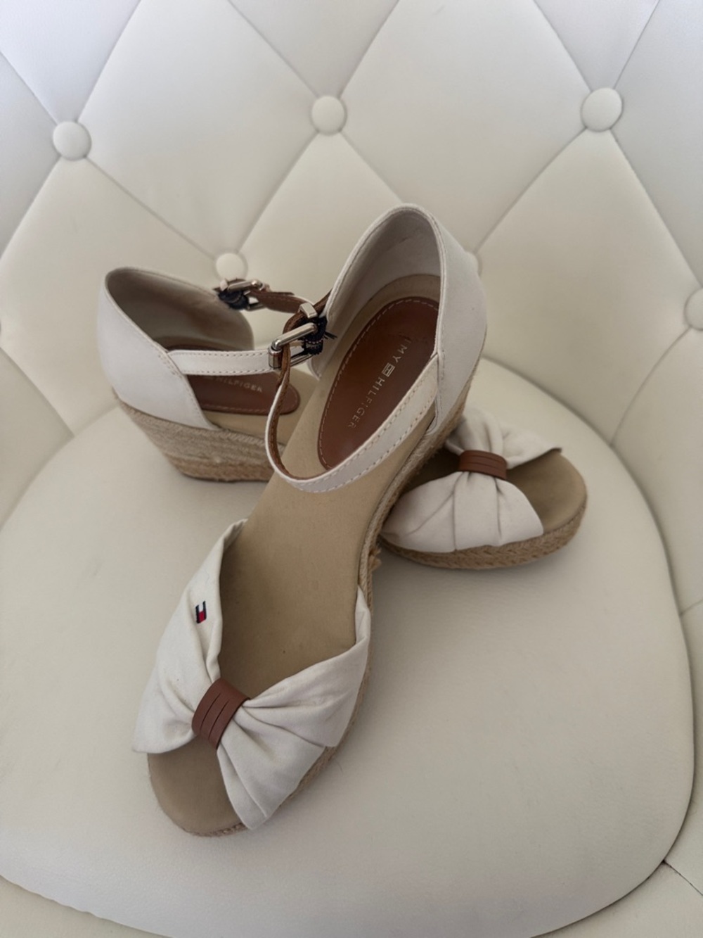 Tommy Hilfiger White Cream Wedge Espadrille Sandals with Tan Ankle Strap 6.5 - Picture 6 of 13